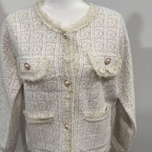 Chic Cream Tweed Blazer with Pearl Details